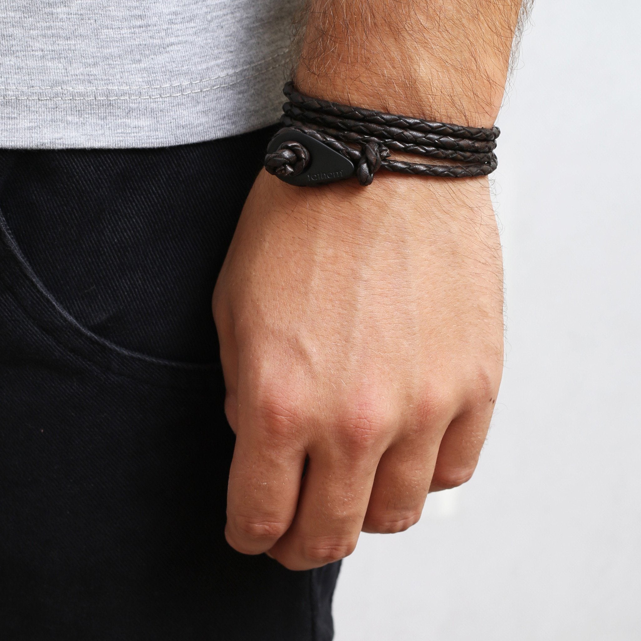 MERCA Braided Leather Bracelets Thimble Charm Wrap Wristbands for Men Women Dark Brown Four Wraps Matte Black | Fathom Bracelets