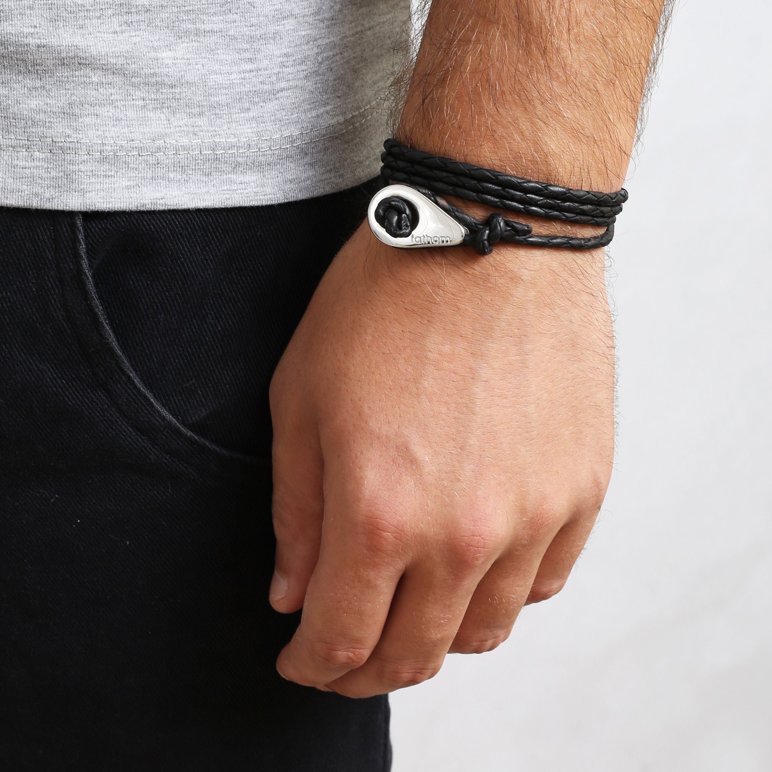 LORETO Braided Leather Bracelets Thimble Charm Wrap Wristbands for Men Women Black Four Wraps Silver | Fathom Bracelets
