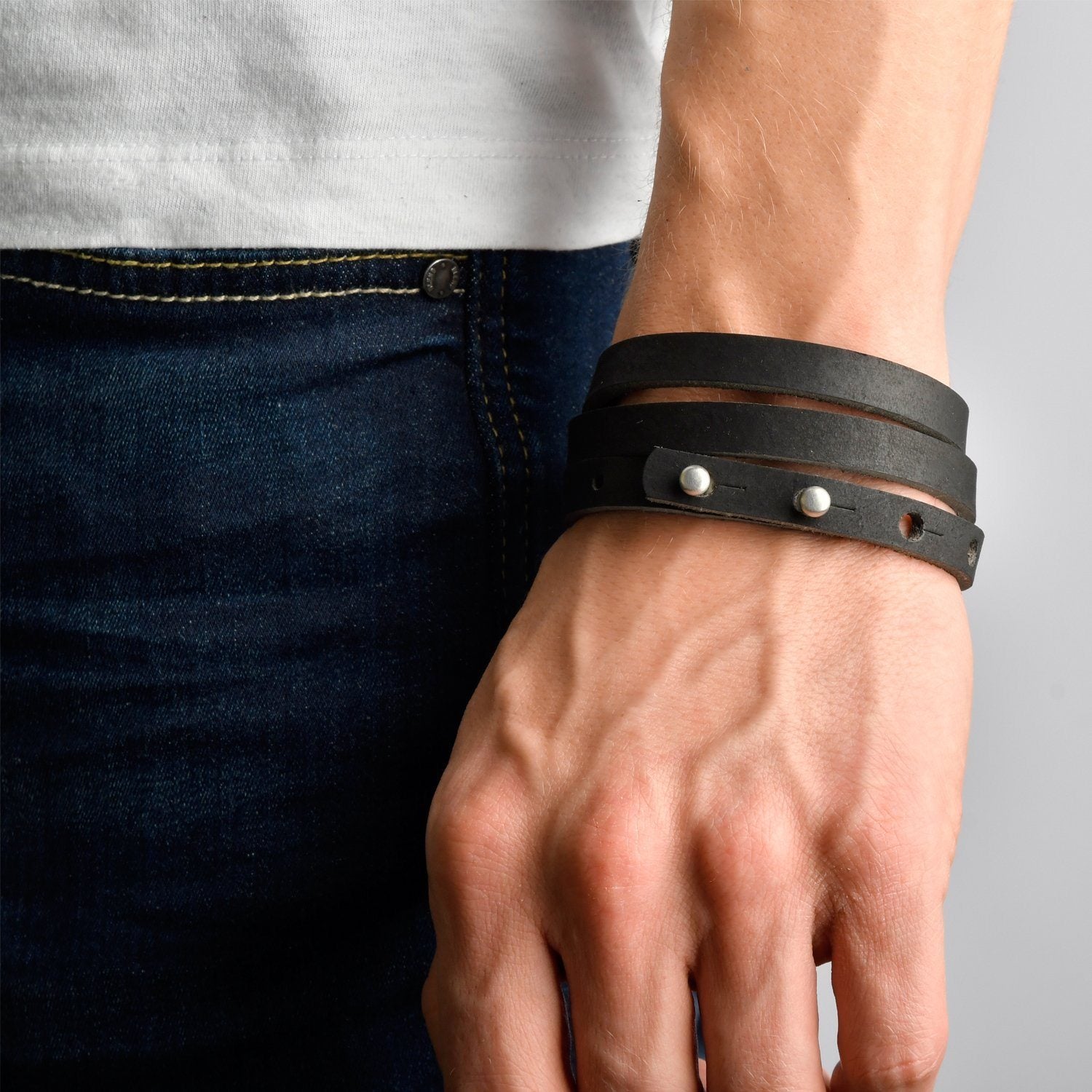 BRISTOL HARBOR Leather Mens Womens Cuff Bracelets Designer Wrap Wristbands Black Silver | Fathom Bracelets