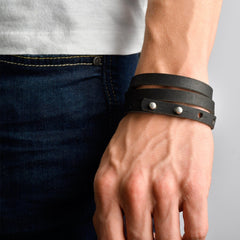 BRISTOL HARBOR Leather Mens Womens Cuff Bracelets Designer Wrap Wristbands Black Silver | Fathom Bracelets
