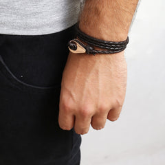 TABACO Braided Leather Bracelets Thimble Charm Wrap Wristbands for Men Women Dark Brown Four Wraps Rose Gold | Fathom Bracelets