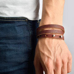 FALMOUTH Leather Mens Womens Cuff Bracelets Designer Wrap Wristbands Antique Brown Silver | Fathom Bracelets