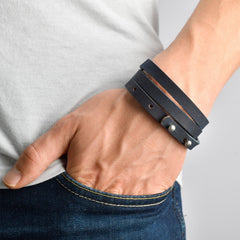 ITEA Leather Mens Womens Cuff Bracelets Designer Wrap Wristbands Navy Blue Silver | Fathom Bracelets