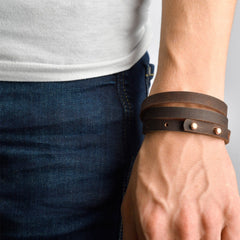 NUUK Leather Mens Womens Cuff Bracelets Designer Wrap Wristbands Dark Brown Rose Gold | Fathom Bracelets
