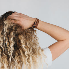 AZOV Braided Leather Bracelets Thimble Charm Wrap Wristbands for Men Women Brown Four Wraps Matte Black | Fathom Bracelets